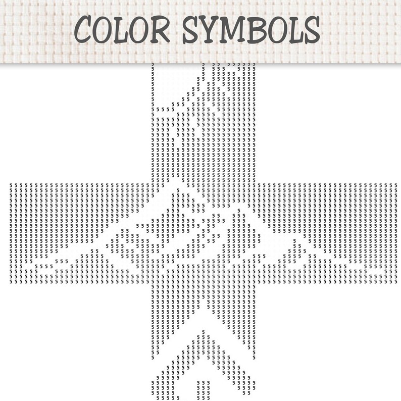 Peut inclure: Un diagramme de point de croix intitul&eacute; COLOR SYMBOLS pr&eacute;sentant une grille du chiffre 5 dispos&eacute; en forme de croix. Le motif est imprim&eacute; sur un fond en tissu blanc avec une texture tiss&eacute;e visible, offrant un guide clair pour la broderie.
