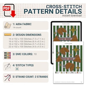 May include: A digital cross-stitch pattern titled Fortune Cookie featuring a green and white striped background with brown fortune cookies and yellow stars. The document lists 14-count Aida fabric, 10 DMC colors, stitch types, and 2 strands.