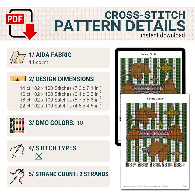 May include: A digital cross-stitch pattern titled Fortune Cookie featuring a green and white striped background with brown fortune cookies and yellow stars. The document lists 14-count Aida fabric, 10 DMC colors, stitch types, and 2 strands.