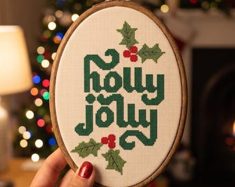 Holly Jolly Cross Stitch Pattern, Retro Christmas Typography Holly Berries Needlepoint Chart, Instant Download PDF