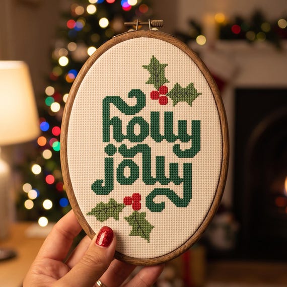 Holly Jolly Cross Stitch Pattern, Retro Christmas Typography Holly Berries Needlepoint Chart, Instant Download PDF