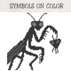 May include: A cross-stitch pattern featuring a black mantis insect holding a small heart shape. The design is composed of individual black stitches on a white grid background. The text SYMBOLS ON COLOR is printed in black at the top of the image.