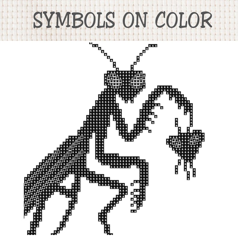 May include: A cross-stitch pattern featuring a black mantis insect holding a small heart shape. The design is composed of individual black stitches on a white grid background. The text SYMBOLS ON COLOR is printed in black at the top of the image.