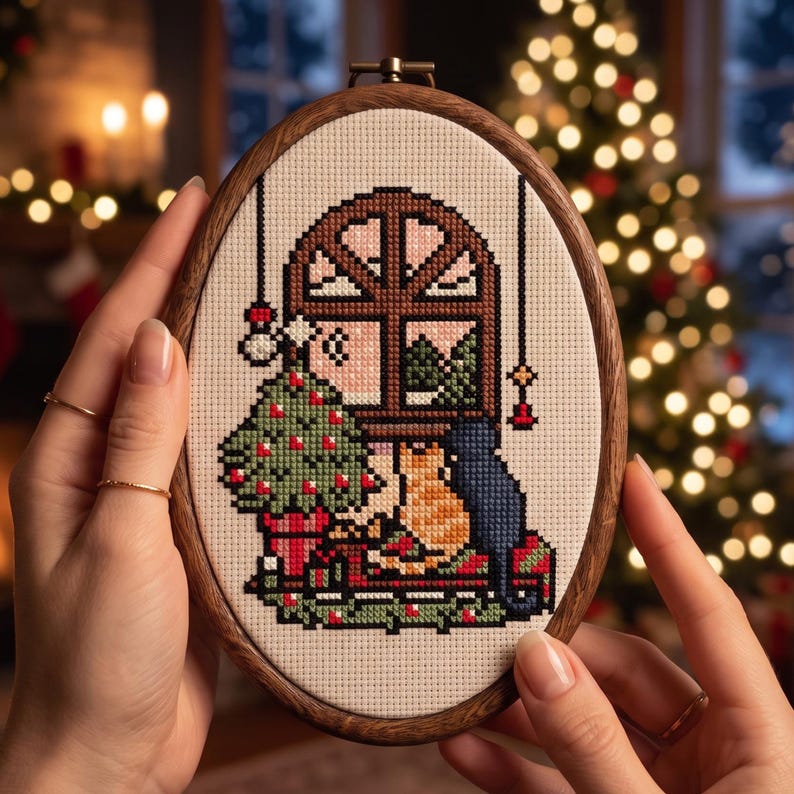 K&ouml;nnte beinhalten: Ein ovaler Stickrahmen aus Holz mit einem Kreuzstichmuster, das einen Weihnachtsbaum, eine rote Katze und eine dunkelblaue Katze vor einem Fenster zeigt. Das Design umfasst rote Ornamente, gr&uuml;nes Laub und einen braunen Fensterrahmen auf wei&szlig;em Stoff.