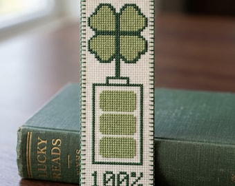 Four Leaf Clover Bookmark Cross Stitch Pattern, 100% Lucky Charging Needlepoint Chart, Green Reader Gift Bookish Craft, Instant Download PDF