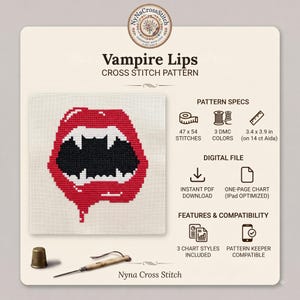 Op de afbeelding: Een Vampire Lips kruissteekpatroon met rode, witte en zwarte garenkleuren. Het ontwerp meet 8,6 x 9,9 cm op 14-count Aida-stof. Bevat 47 x 54 steken, een digitale PDF-download, een eenpagina-diagram en is compatibel met Pattern Keeper.
