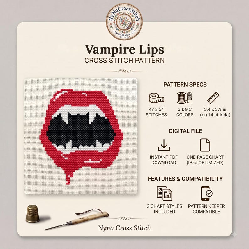 Op de afbeelding: Een Vampire Lips kruissteekpatroon met rode, witte en zwarte garenkleuren. Het ontwerp meet 8,6 x 9,9 cm op 14-count Aida-stof. Bevat 47 x 54 steken, een digitale PDF-download, een eenpagina-diagram en is compatibel met Pattern Keeper.