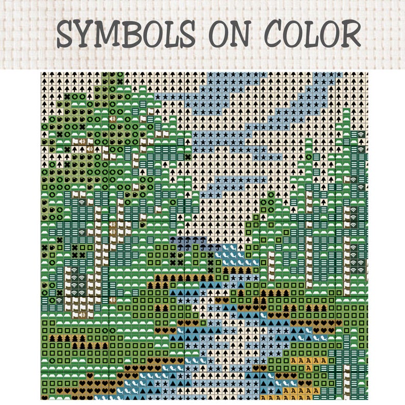 May include: A cross stitch pattern chart titled SYMBOLS ON COLOR featuring a grid of squares filled with various geometric icons, stars, trees, and hearts in shades of green, blue, black, and white to guide embroidery thread placement.