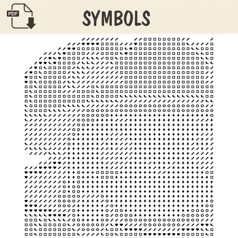 May include: A digital PDF document titled SYMBOLS featuring a grid of black icons on a white background. The grid contains repeating patterns of squares, circles, arrows, hearts, and diagonal slashes arranged in rows and columns for a craft pattern.