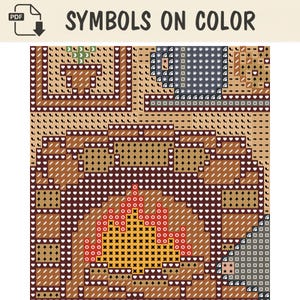 Pode incluir: Um padr&atilde;o digital de ponto cruz intitulado SYMBOLS ON COLOR com um layout de grade. O design exibe uma lareira com chamas laranja e amarelas, uma caneca cinza e v&aacute;rios s&iacute;mbolos geom&eacute;tricos em branco, preto e vermelho sobre fundo bege.