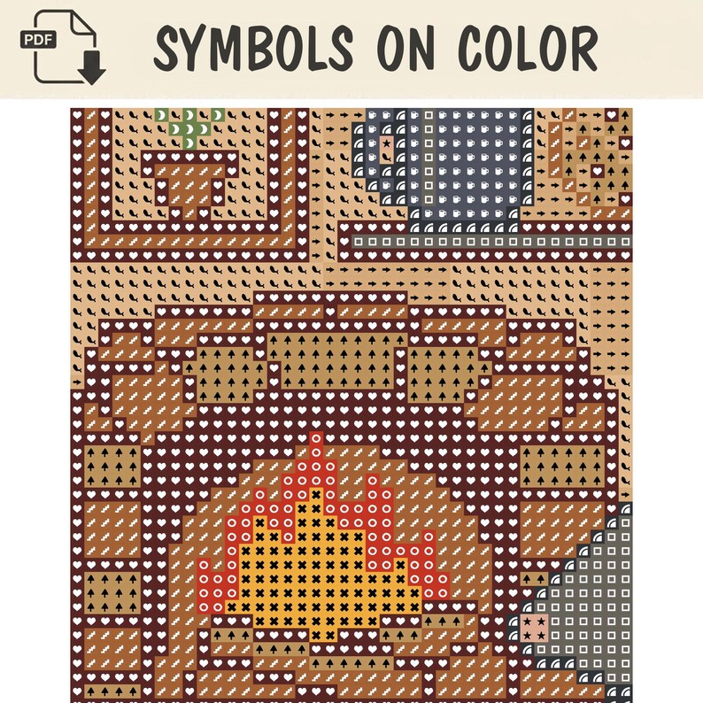Pode incluir: Um padr&atilde;o digital de ponto cruz intitulado SYMBOLS ON COLOR com um layout de grade. O design exibe uma lareira com chamas laranja e amarelas, uma caneca cinza e v&aacute;rios s&iacute;mbolos geom&eacute;tricos em branco, preto e vermelho sobre fundo bege.