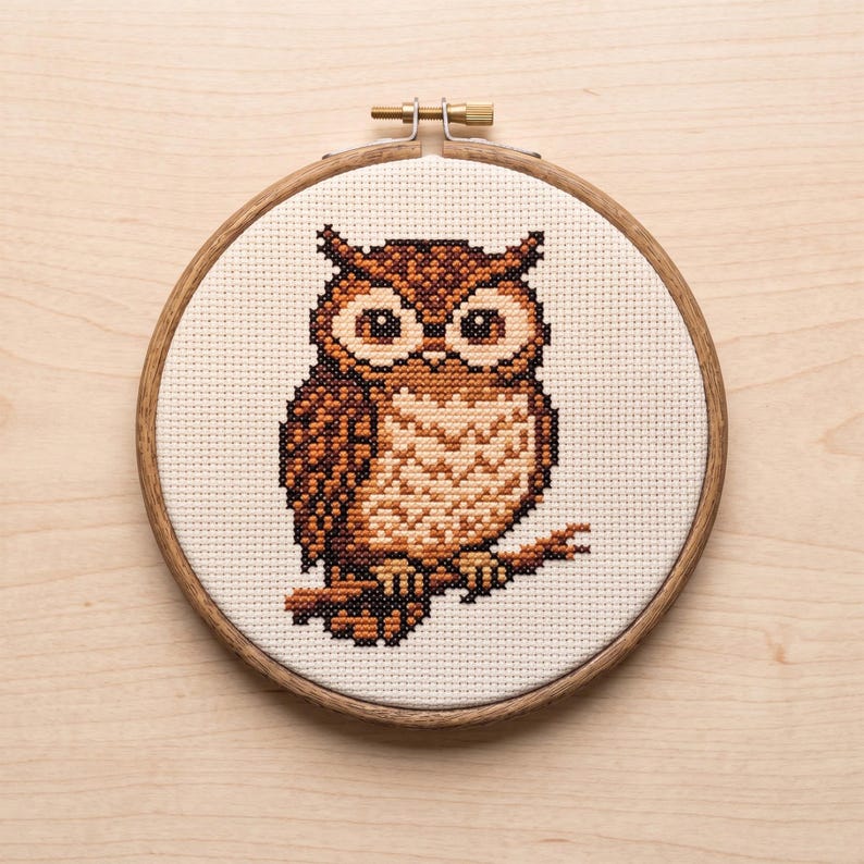 May include: A circular wooden embroidery hoop containing a cross-stitch pattern of a brown and tan owl perched on a branch. The owl features large, round eyes and detailed feather textures, centered on a cream-colored fabric background.