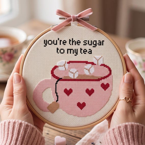 You're the Sugar To My Tea Cross Stitch Pattern PDF | Cute Pink Heart Teacup Needlepoint Chart | Romantic Valentine Craft Digital Download