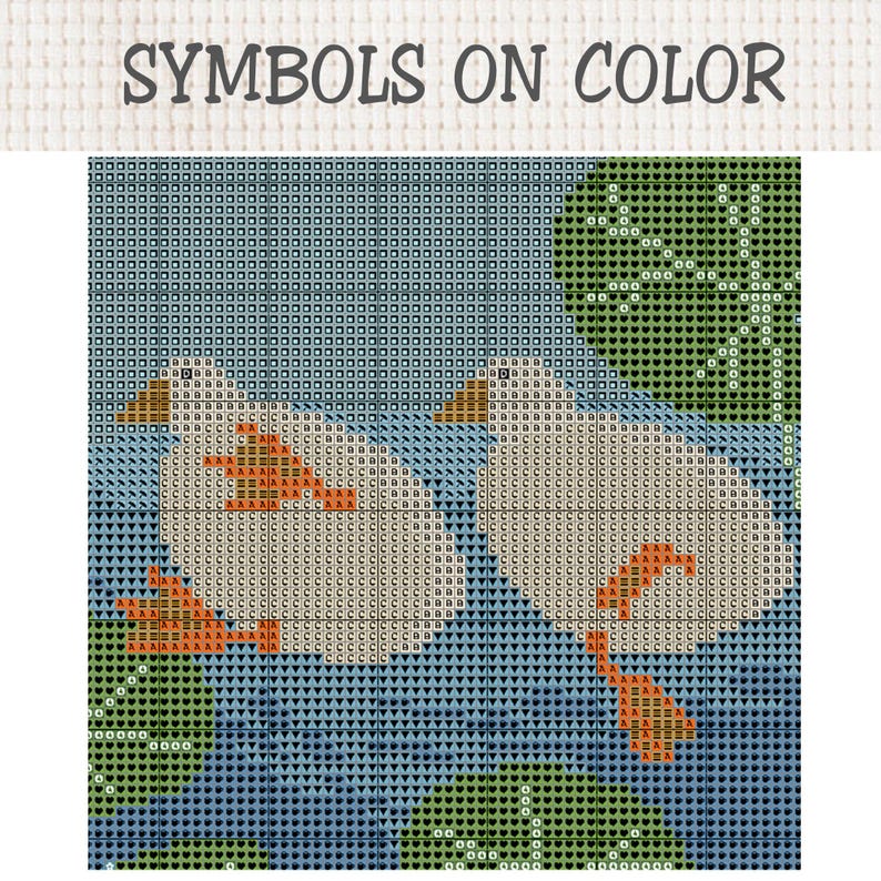 K&ouml;nnte beinhalten: Eine Kreuzstichvorlage mit der &Uuml;berschrift SYMBOLS ON COLOR, die zwei wei&szlig;e Enten auf blauem Wasser mit gr&uuml;nen Seerosen zeigt. Das Design verwendet ein Raster aus Buchstaben und Symbolen, um die Garnfarben f&uuml;r Enten und Wasser anzugeben.