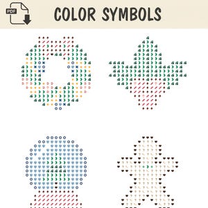 Pode incluir: Um padr&atilde;o digital em PDF intitulado COLOR SYMBOLS apresentando quatro designs de ponto cruz: uma guirlanda circular, uma folha pontiaguda, um globo de neve e uma figura de p&atilde;o de mel, compostos por v&aacute;rios s&iacute;mbolos geom&eacute;tricos coloridos.