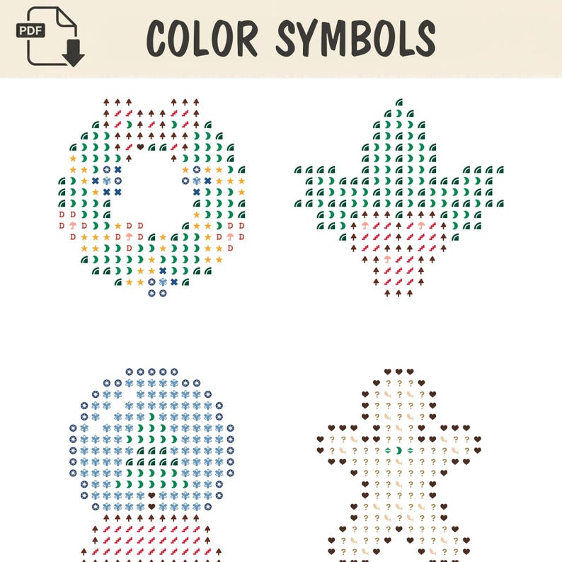 Pode incluir: Um padr&atilde;o digital em PDF intitulado COLOR SYMBOLS apresentando quatro designs de ponto cruz: uma guirlanda circular, uma folha pontiaguda, um globo de neve e uma figura de p&atilde;o de mel, compostos por v&aacute;rios s&iacute;mbolos geom&eacute;tricos coloridos.