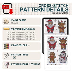 May include: A digital cross-stitch pattern guide featuring Santa, a reindeer, a gingerbread man, and a snowman. The document lists 14-count Aida fabric, design dimensions in inches, 9 DMC colours, stitch types, and a 2-strand requirement.