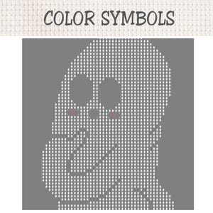 Puede incluir: Un patr&oacute;n de punto de cruz titulado COLOR SYMBOLS que presenta un fondo gris con una figura fantasmal blanca pixelada. La figura tiene dos ojos ovalados grandes, una nariz circular peque&ntilde;a y dos peque&ntilde;as marcas rosadas en las mejillas.