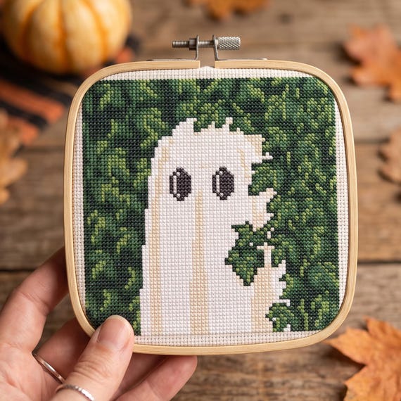 Ghost Into Bushes Cross Stitch Pattern, Halloween Needlepoint Chart, Cute Spooky Pattern, Instant Download