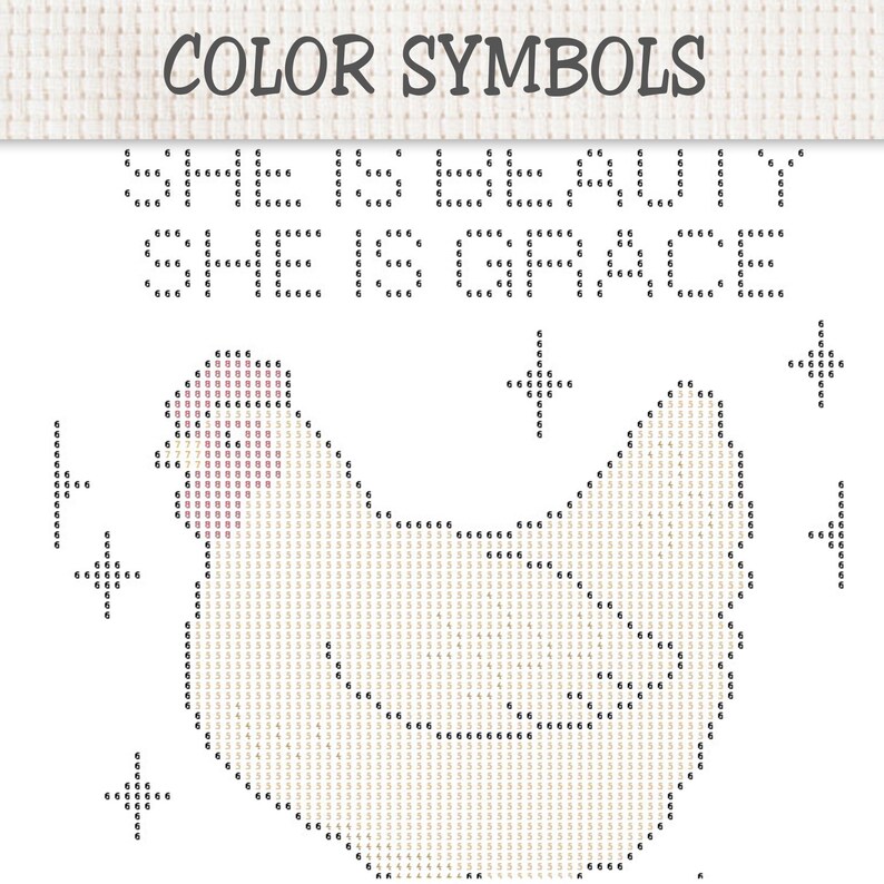 Puede incluir: Un patr&oacute;n de punto de cruz sobre tela blanca con el contorno de una gallina compuesto por s&iacute;mbolos num&eacute;ricos. El texto "COLOR SYMBOLS" aparece en la parte superior, seguido de las frases "SHE IS BEAUTY" y "SHE IS GRACE" en cuadr&iacute;cula.
