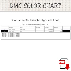 Peut inclure: Un nuancier DMC pour un mod&egrave;le de point de croix intitul&eacute; God is Greater Than the Highs and Lows. Le tableau indique les fils DMC B5200 Snow White et DMC 310 Black avec le nombre de brins, les longueurs d'&eacute;chevettes et le nombre de points.