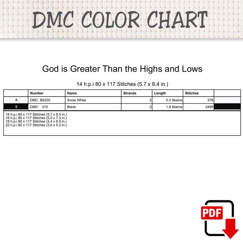Peut inclure: Un nuancier DMC pour un mod&egrave;le de point de croix intitul&eacute; God is Greater Than the Highs and Lows. Le tableau indique les fils DMC B5200 Snow White et DMC 310 Black avec le nombre de brins, les longueurs d'&eacute;chevettes et le nombre de points.