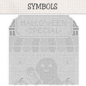 May include: A cross stitch pattern chart on white Aida fabric with the word SYMBOLS printed at the top. The chart features a dense grid of black geometric shapes, including triangles, hearts, and circles, arranged in a repeating pattern.