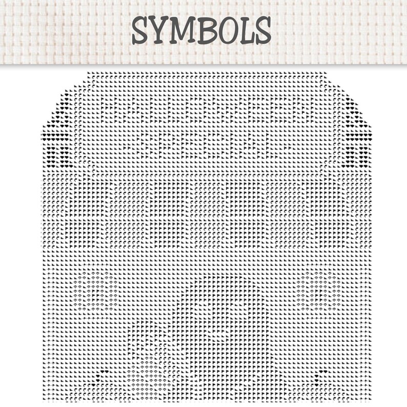 May include: A cross stitch pattern chart on white Aida fabric with the word SYMBOLS printed at the top. The chart features a dense grid of black geometric shapes, including triangles, hearts, and circles, arranged in a repeating pattern.