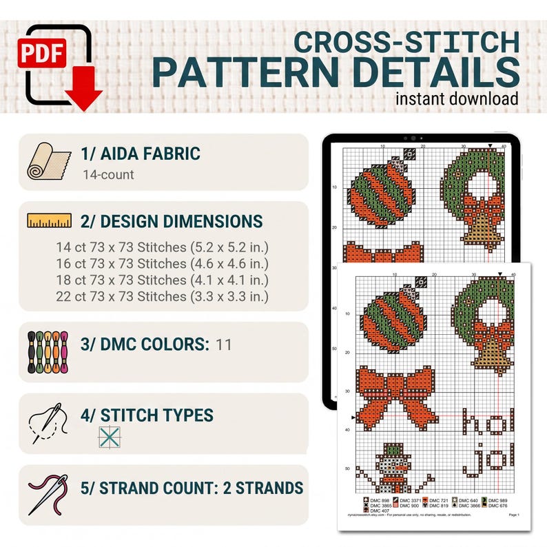May include: A digital cross-stitch pattern download featuring holiday motifs like ornaments, a wreath, a bow, and a snowman. The document lists 14-count Aida fabric, design dimensions from 5.2 x 5.2 inches to 3.3 x 3.3 inches, 11 DMC colors, and 2 strands.