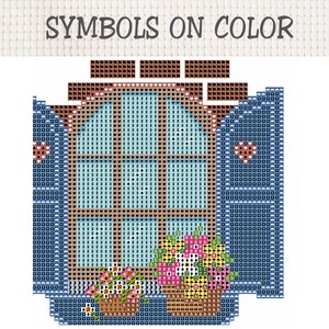 Peut inclure: Un diagramme de point de croix intitul&eacute; SYMBOLS ON COLOR repr&eacute;sentant une fen&ecirc;tre avec des volets bleus, un cadre marron et des pots de fleurs. Le motif utilise une grille de carr&eacute;s color&eacute;s avec divers symboles noirs pour les fils.