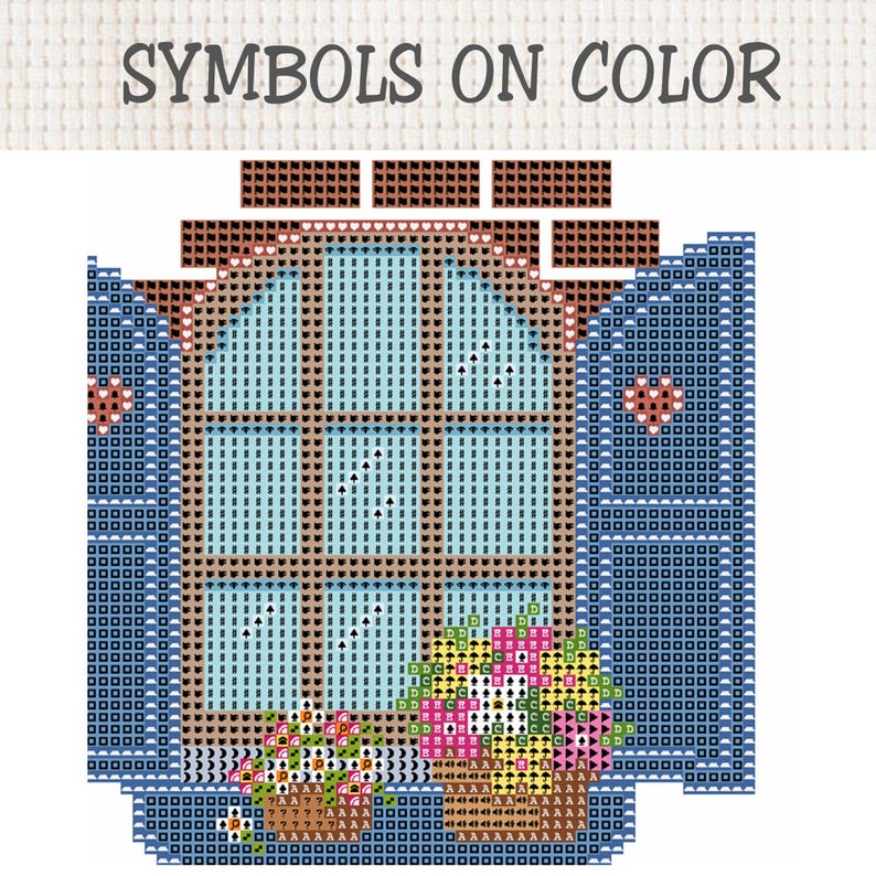 Peut inclure: Un diagramme de point de croix intitul&eacute; SYMBOLS ON COLOR repr&eacute;sentant une fen&ecirc;tre avec des volets bleus, un cadre marron et des pots de fleurs. Le motif utilise une grille de carr&eacute;s color&eacute;s avec divers symboles noirs pour les fils.