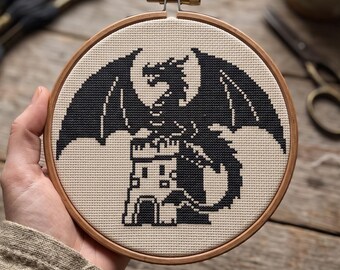 Dragon Cross Stitch Pattern PDF, Dragon Castle, Gothic Fantasy Xstitch, Black Silhouette Cross Stitch, Pattern Keeper
