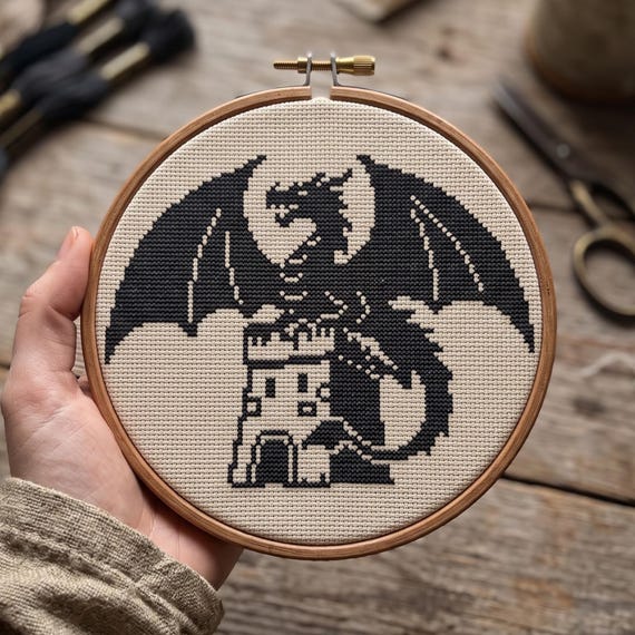Dragon Cross Stitch Pattern PDF, Dragon Castle, Gothic Fantasy Xstitch, Black Silhouette Cross Stitch, Pattern Keeper