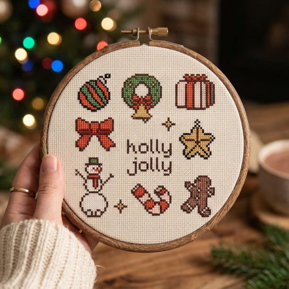 Holly Jolly Christmas Cross Stitch Pattern PDF, Cute Holiday Sampler, Gingerbread Snowman Wreath, Digital Download