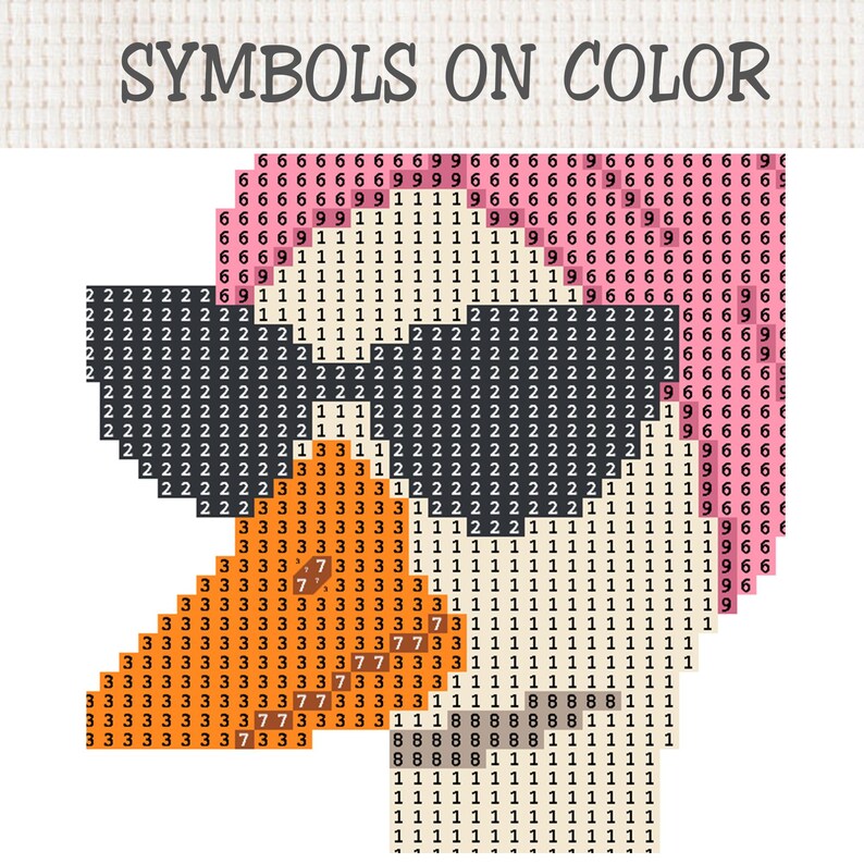 Puede incluir: Un patr&oacute;n de punto de cruz titulado SYMBOLS ON COLOR que muestra una oca pixelada con gafas de sol negras. El dise&ntilde;o utiliza una cuadr&iacute;cula de n&uacute;meros que representan colores, con rosa para la cabeza, naranja para el pico y negro.