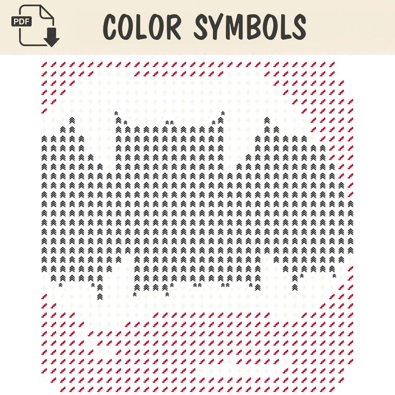 Op de afbeelding: Een digitaal kruissteekpatroon getiteld COLOR SYMBOLS met een centrale vleermuissilhouet bestaande uit zwarte chevron-symbolen op een wit raster, met rode schuine strepen in de vier hoeken van het vierkante ontwerp.