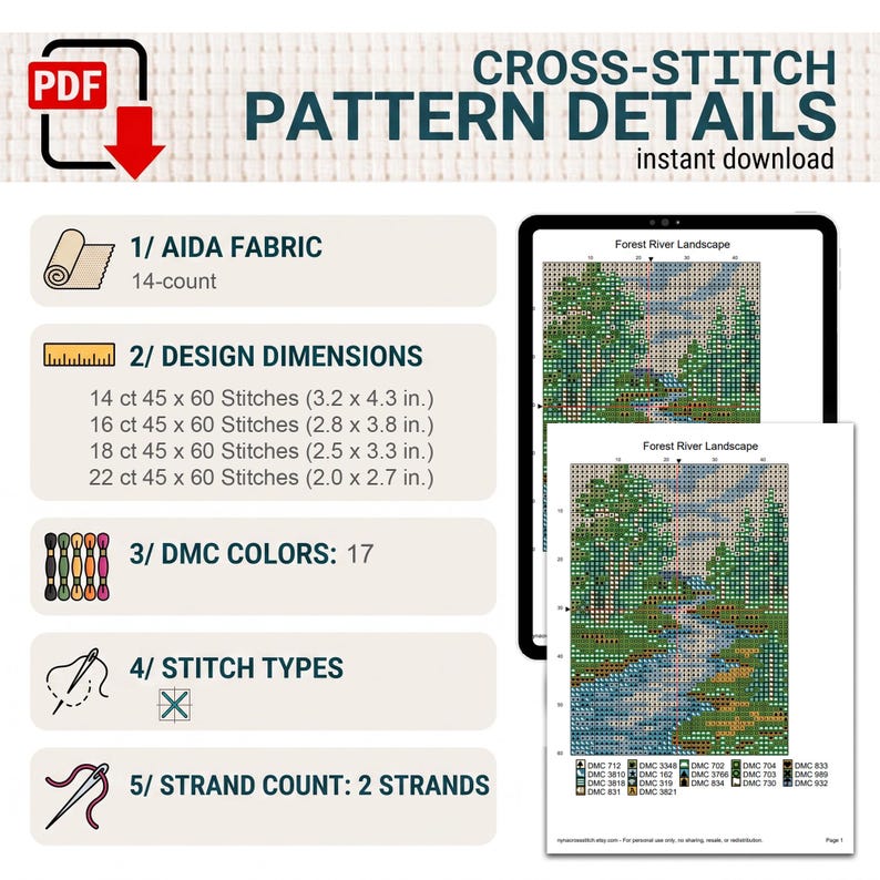 May include: A digital cross-stitch pattern titled Forest River Landscape. The document details include 14-count Aida fabric, design dimensions ranging from 3.2 x 4.3 inches to 2.0 x 2.7 inches, 17 DMC colors, cross-stitch types, and a 2-strand count.