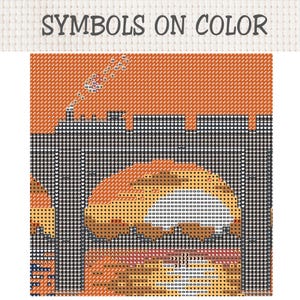 Puede incluir: Un patr&oacute;n de punto de cruz titulado SYMBOLS ON COLOR que muestra una cuadr&iacute;cula de s&iacute;mbolos sobre un fondo naranja. El dise&ntilde;o representa la silueta de un tren gris oscuro con humo elev&aacute;ndose frente a un atardecer en naranja, amarillo y blanco.