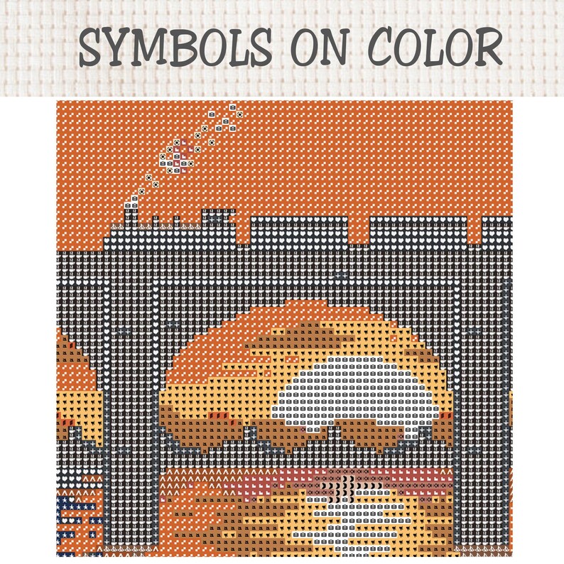 Puede incluir: Un patr&oacute;n de punto de cruz titulado SYMBOLS ON COLOR que muestra una cuadr&iacute;cula de s&iacute;mbolos sobre un fondo naranja. El dise&ntilde;o representa la silueta de un tren gris oscuro con humo elev&aacute;ndose frente a un atardecer en naranja, amarillo y blanco.