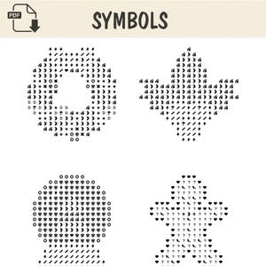 Pode incluir: Um documento digital intitulado SYMBOLS apresentando quatro formas distintas compostas por v&aacute;rios &iacute;cones pretos. As formas incluem uma guirlanda circular, uma folha pontiaguda, um globo circular e uma figura de p&atilde;o de mel.