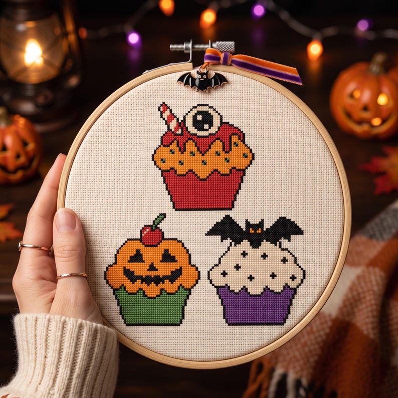 Puede incluir: Un bastidor de bordado redondo de madera que contiene un patr&oacute;n de punto de cruz de tres cupcakes sobre tela color crema. Los dise&ntilde;os incluyen un cupcake rojo con un globo ocular, un cupcake naranja con forma de calabaza y uno morado con un murci&eacute;lago.