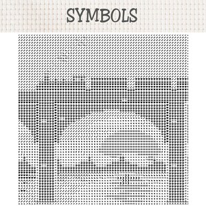 Puede incluir: Un patr&oacute;n de punto de cruz con la palabra SYMBOLS en la parte superior en una fuente gris oscuro. Debajo del texto hay una cuadr&iacute;cula llena de varios iconos, formas y letras en blanco y negro dispuestos en un patr&oacute;n denso sobre fondo blanco.