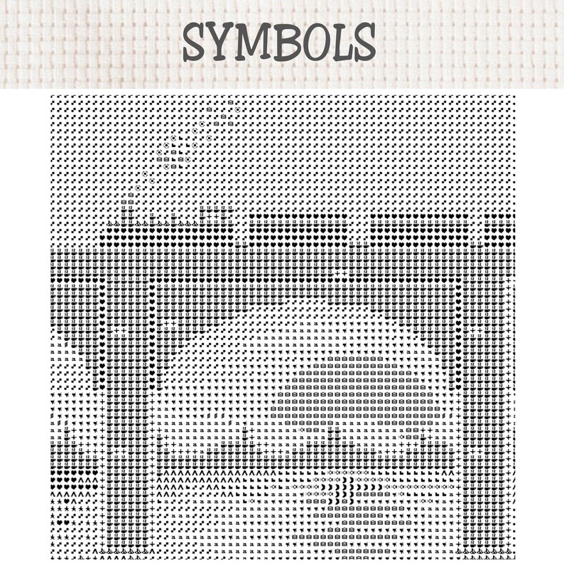 Puede incluir: Un patr&oacute;n de punto de cruz con la palabra SYMBOLS en la parte superior en una fuente gris oscuro. Debajo del texto hay una cuadr&iacute;cula llena de varios iconos, formas y letras en blanco y negro dispuestos en un patr&oacute;n denso sobre fondo blanco.