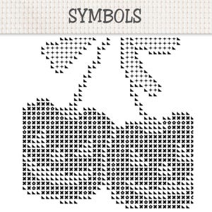 K&ouml;nnte beinhalten: Ein Kreuzstichmuster mit dem Wort SYMBOLS am oberen Rand. Darunter befindet sich eine schwarz-wei&szlig;e Grafik von zwei Kirschen, die aus einem Raster verschiedener Symbole wie Pluszeichen, Dreiecken, Kreuzen und Blumenformen besteht.