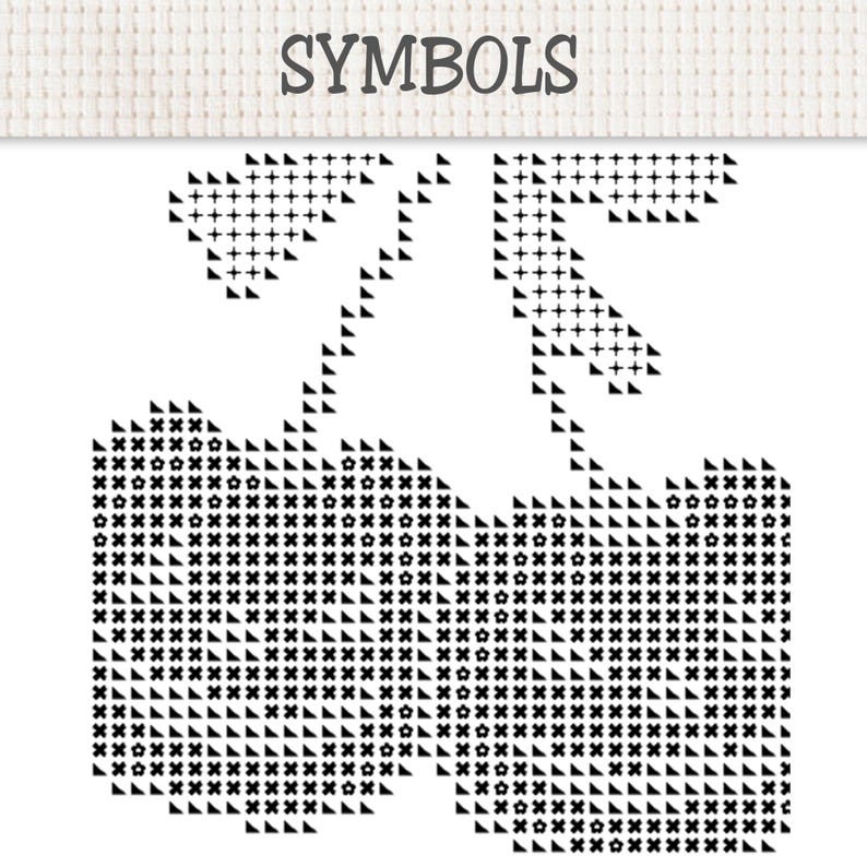 K&ouml;nnte beinhalten: Ein Kreuzstichmuster mit dem Wort SYMBOLS am oberen Rand. Darunter befindet sich eine schwarz-wei&szlig;e Grafik von zwei Kirschen, die aus einem Raster verschiedener Symbole wie Pluszeichen, Dreiecken, Kreuzen und Blumenformen besteht.