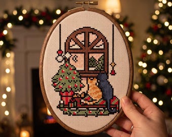 Christmas Cat Cross Stitch Pattern, Cozy Winter Pine Tree Needlepoint Chart, Holiday Craft Digital Download