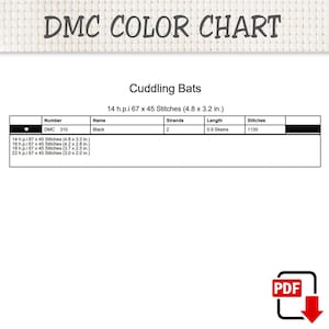 Puede incluir: Una tabla de colores DMC para un patr&oacute;n de punto de cruz Cuddling Bats. La tabla enumera el hilo DMC 310 Negro, 2 hebras, 0,9 madejas y 1135 puntadas. Incluye dimensiones para 14, 16, 18 y 22 h.p.i. de 12,2 x 8,1 cm a 7,6 x 5,1 cm.