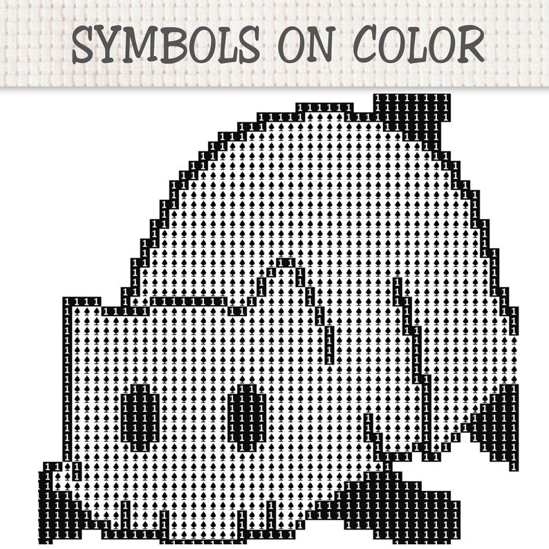 May include: A cross-stitch pattern chart titled SYMBOLS ON COLOR, featuring a grid of black spade symbols and the number 1 on a white background. The design forms a rounded shape with a flat base, utilizing a repeating grid layout for embroidery.