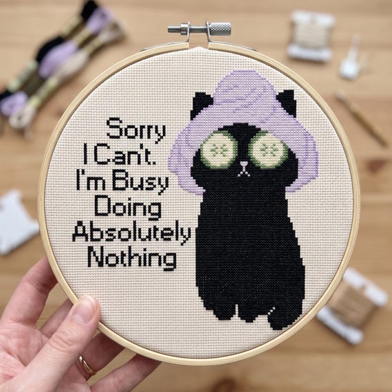Sorry I Can't I'm Busy Doing Absolutely Nothing Cross Stitch Pattern, Spa Black Cat Cucumber Eye Mask Needlepoint Chart, Instant Download