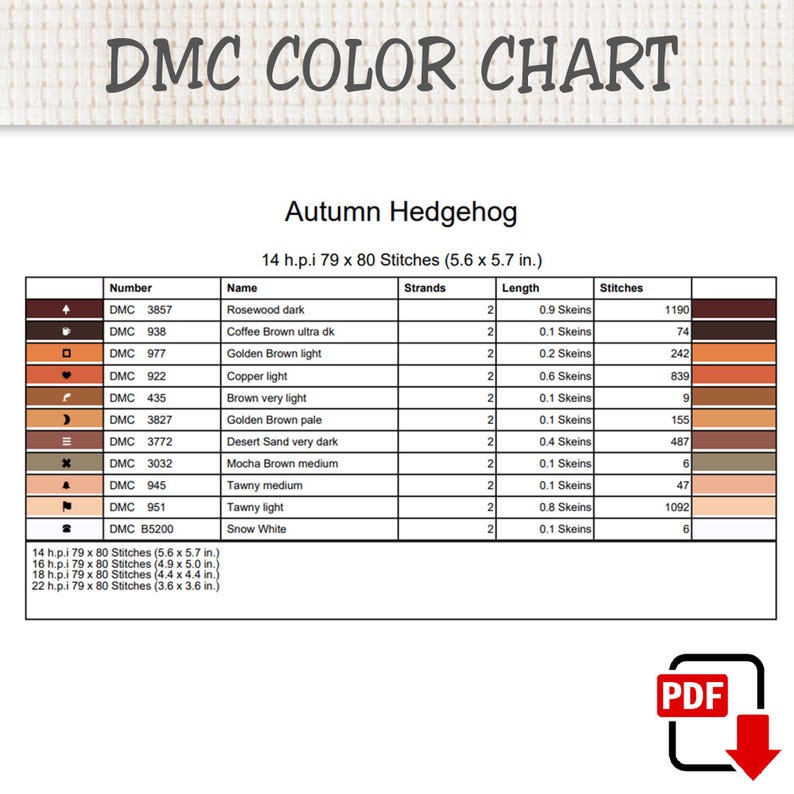 K&ouml;nnte beinhalten: Eine DMC-Farbtabelle f&uuml;r ein Herbst-Igel-Kreuzstichmuster. Die Tabelle listet Garnnummern, Namen, Stranganzahl, Strangl&auml;ngen und Stichanzahl auf. Enth&auml;lt Ma&szlig;e f&uuml;r 14 h.p.i. bei 14,2 x 14,5 cm sowie ein PDF-Symbol f&uuml;r den Download.